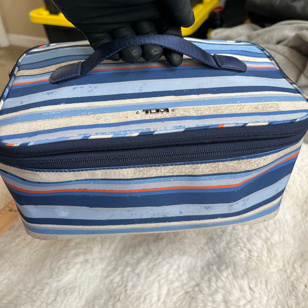 TUMI Blue striped toiletry/makeup/ cosmetics bag double zipper top handle
